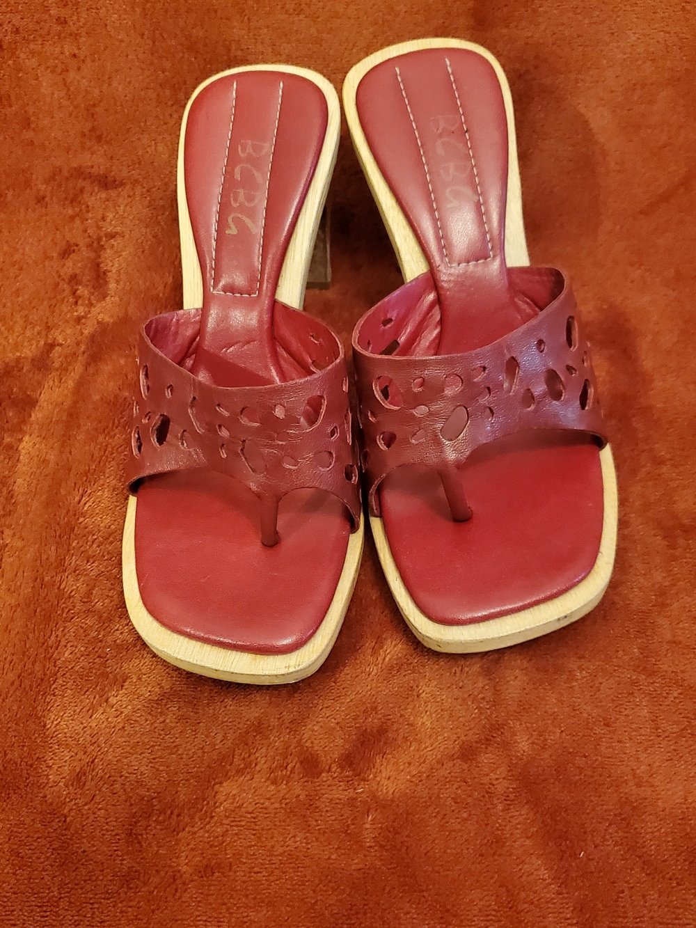BCBG Red Leather Cutout Thong Heeled Sandals